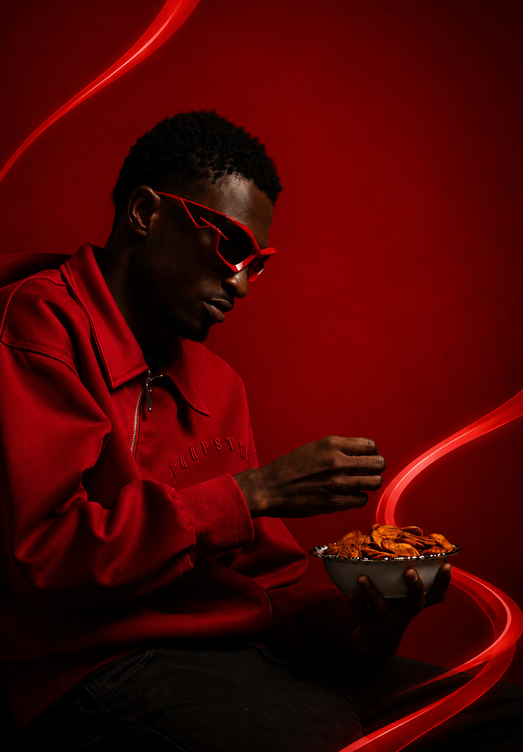 Model enjoying Krave plantain chips from a bowl