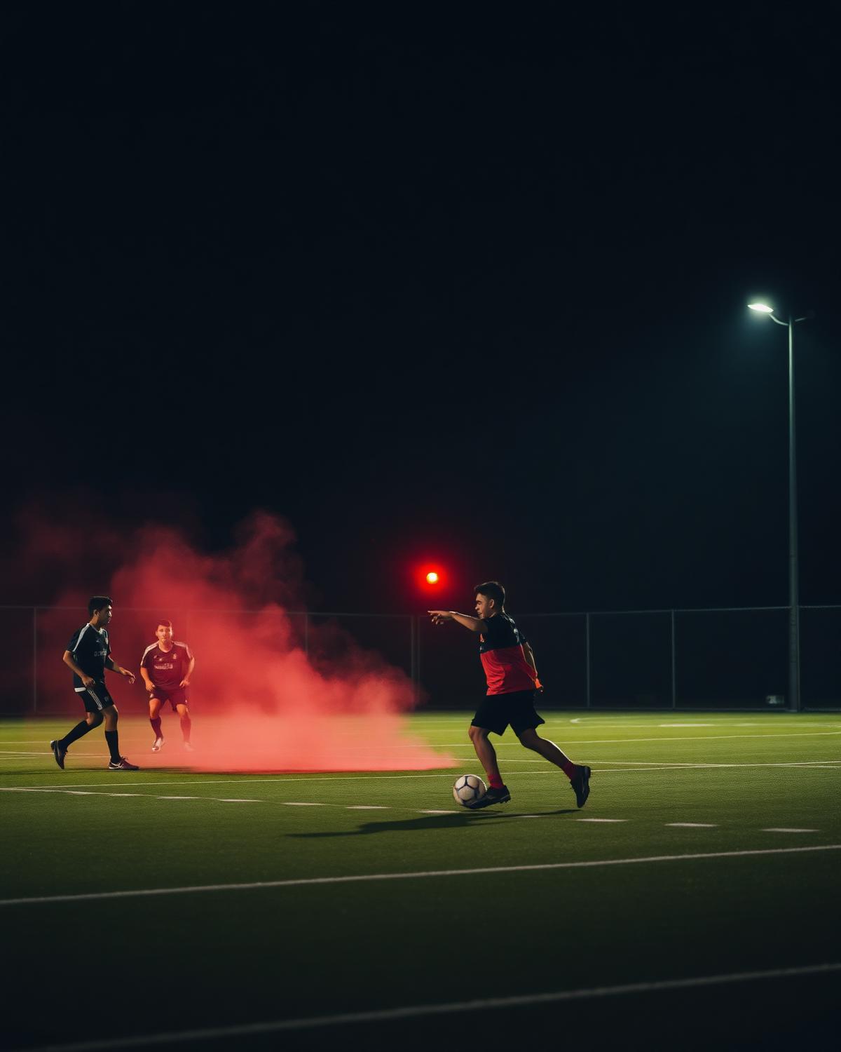 Street football under floodlights at night