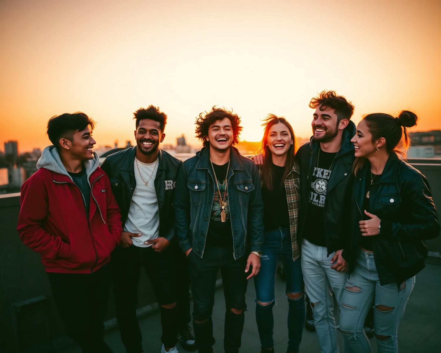 Friends laughing together at sunset
