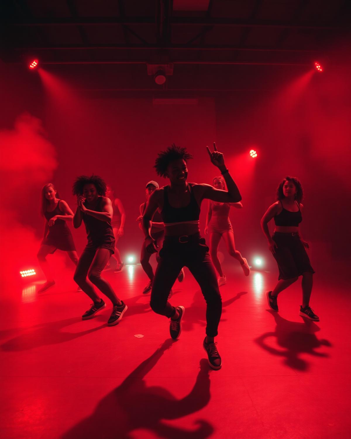 Dance crew moving through red stage haze