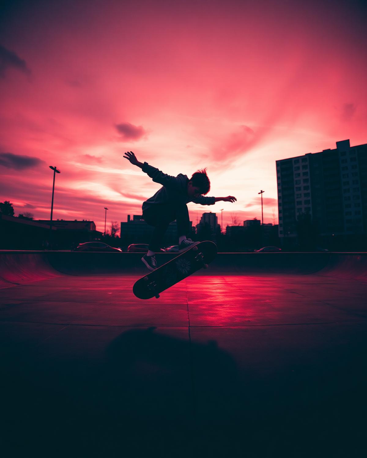 Skater mid-kickflip at a floodlit skatepark